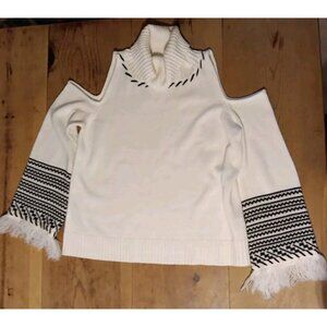 Venus Womens Plus 1x Cold Shoulder Turtleneck Sweater Bell Sleeve Fringe Cream